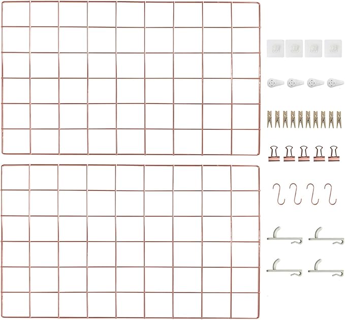 Metal Grid Wall Panel Rose Gold, Wire Photo Display Organizer, 17.3"11.8" Wall Board, Picture Frame, 2-Pack Mesh Memo Board With Clips and Hooks
