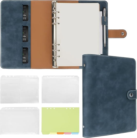 FYY A5 Binder Refillable Planner Notebook 6 Ring PU Leather Binder Journal with Pockets, Dividers, Refill Paper Navy