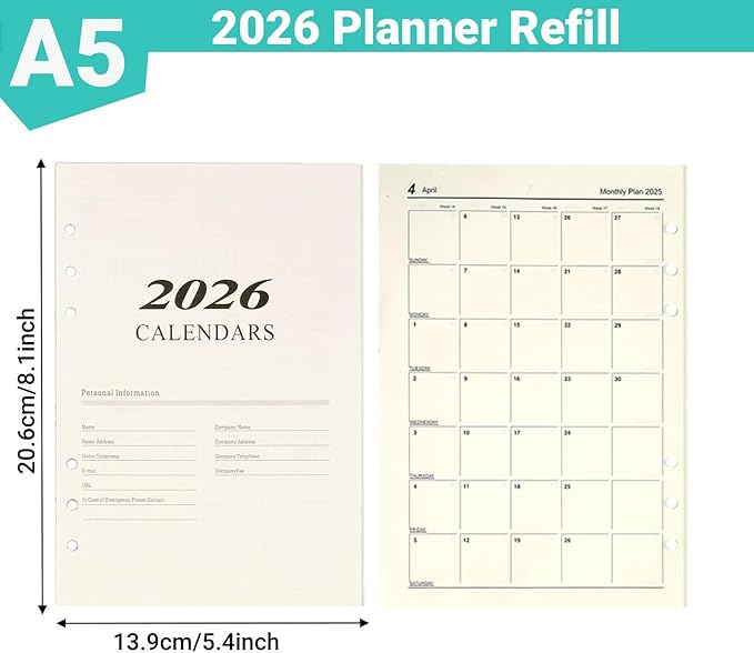 2026 A5 Weekly & Monthly Planner Binder Refill, 5.8"x8.3" 176 Page Planner Refills for A5 Binder, 6-Hole Punched, Daily Planner with Calendar, Contact Pages and Notes (Beige-2026)