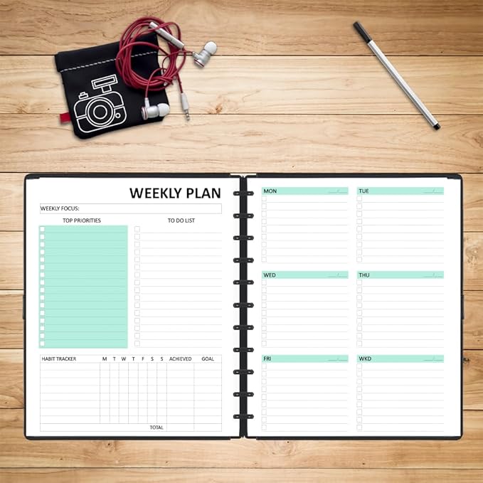 Letter Size Undated Weekly Planner Inserts - 53 Sheets/106 Pages, 11 Discbound, A4 planner Refills, Weekly Plan (Left), Daily Details (Right), Lasts 1 Year, Undated, 8-1/2" x 11"