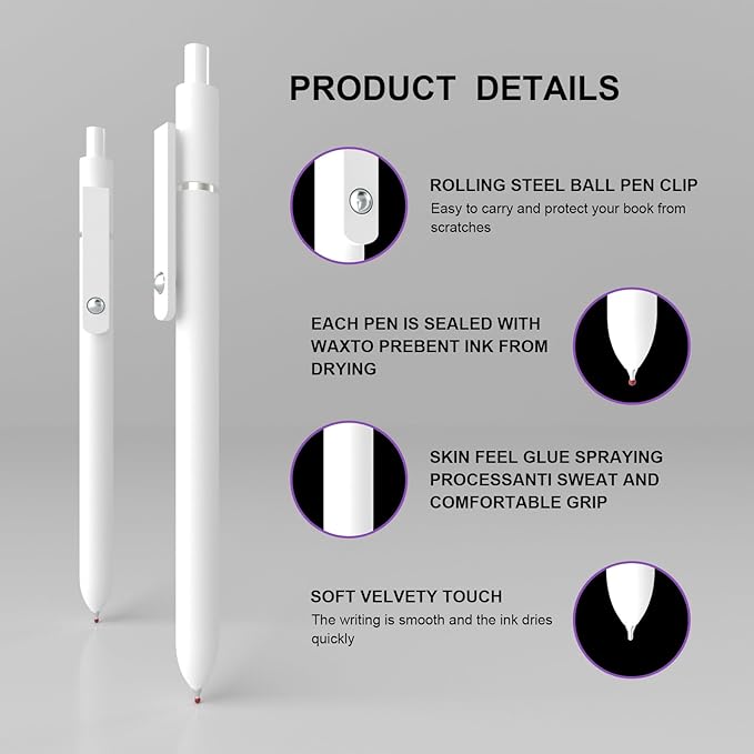 Retractable Gel Pens,0.5mm Fine Point Tip Black Ink with Grip Smooth Writing for Journaling Note Taking office Supplies,stationary for women & men(10 Pcs Black Ink-White shaft pens)