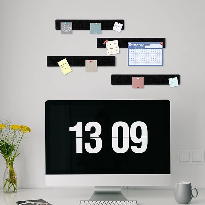 Cork Board for Walls - 8 Pack Felt Pin Board Bar Strips - Self-Adhesive Lightweight Bulletin Board - Cork Board for Office with 40 Push Pins No Damage for Wall (Black White Grey)