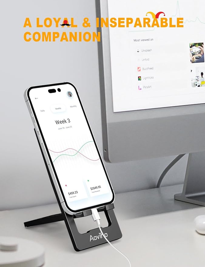 Phone Stand for Desk, Ultra-Thin Foldable Aluminum Phone Holder, Portable Travel & Office Cell Phone Stand Compatible with iPhone 17 16 15 14 13 12 Pro Max, Fits 3.7"-7" Devices, Black
