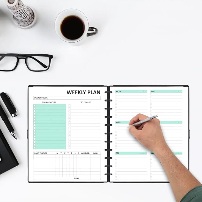 Letter Size Undated Weekly Planner Inserts - 53 Sheets/106 Pages, 11 Discbound, A4 planner Refills, Weekly Plan (Left), Daily Details (Right), Lasts 1 Year, Undated, 8-1/2" x 11"