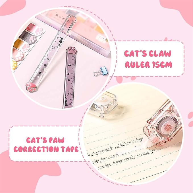 Cat Stationery Set, Cute Stationery Kawaii Retractable Erasers for Kids, Correction Tape Aesthetic, Cat Paw Ruler 15cm, Cute Pens, Sticky Notes Cute, School Supplies for Girls (White)