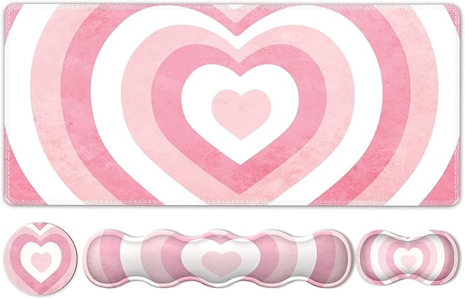 iLeadon Keyboard Mouse Pad Set, Large Gaming Mouse Pad + Keyboard Wrist Rest + Mouse Pad with Wrist Support + Coaster, Easy Typing Pain Relief, Desk Mat Set, Valentines Day present for Her, Pink Heart