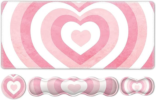 iLeadon Keyboard Mouse Pad Set, Large Gaming Mouse Pad + Keyboard Wrist Rest + Mouse Pad with Wrist Support + Coaster, Easy Typing Pain Relief, Desk Mat Set, Valentines Day present for Her, Pink Heart