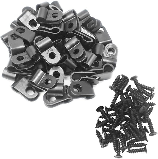 Cable Clamp R-Type Cable Clip Wire Clamp 3/16" Nylon Screw Mounting Cord Fastener Clips with Screws for Wire Management - Black - 50 Pcs
