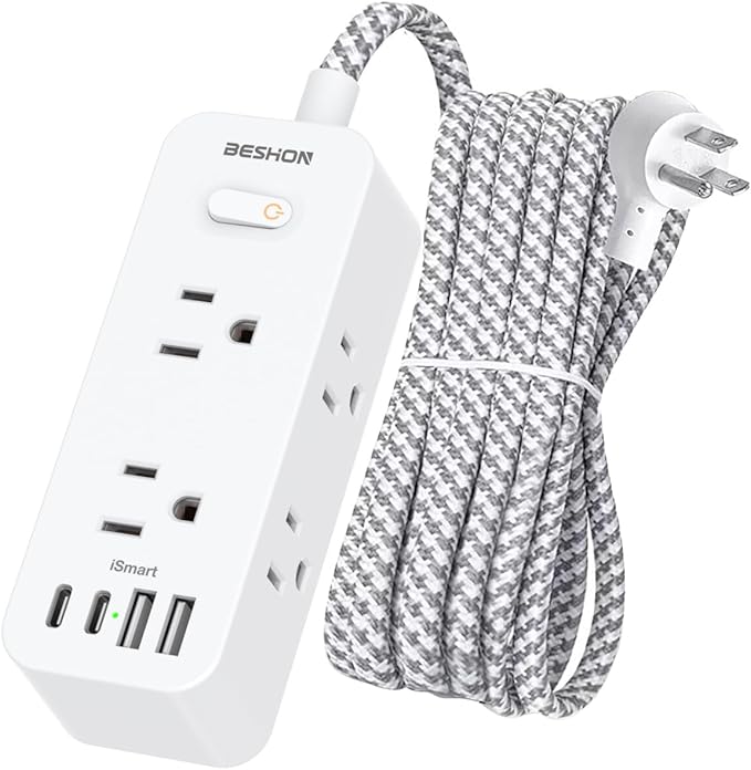 10 FT Extension Cord, Surge Protector Power Strip with 6 Widely AC Outlets 4 USB Ports(2 USB C),3-Side Outlet Extender, Flat Plug, Wall Mount for Home, Office,Travel and Dorm Essential