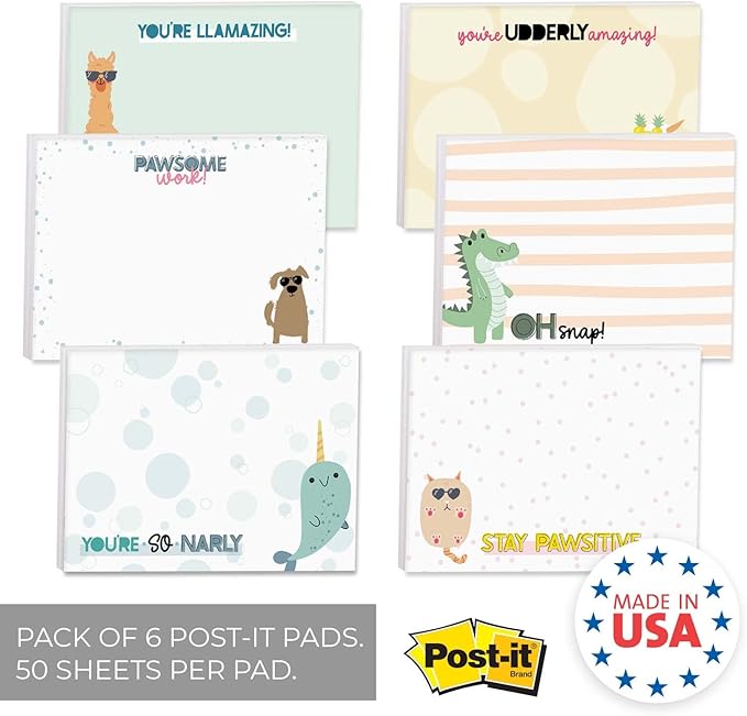 Cute Animal Pun Sticky Note Pads / 4" x 3" Clever Sticky Notes/Set of 6 Pads / 50 Sheets Per Pad/Trendy Gift Idea/Made in The USA