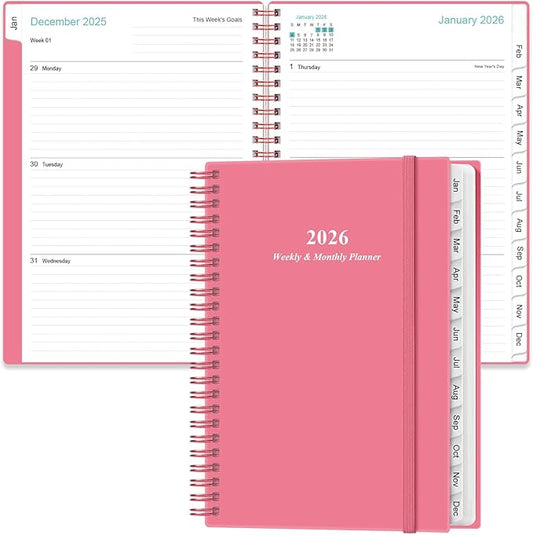 Planner 2026 - A5 Weekly & Monthly Planner Spiral Bound, January 2026 - December 2026, with Flexible Cover, Tabs, Inner Pocket, 6.4" x 8.5", Pink