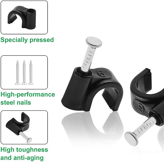 400pcs Cable Clips, 4mm 6mm 8mm 10mm Half Clamp J-Hook with Nail, Nail in Cable Clips Ethernet Cable Nails Tacks Clips, Black