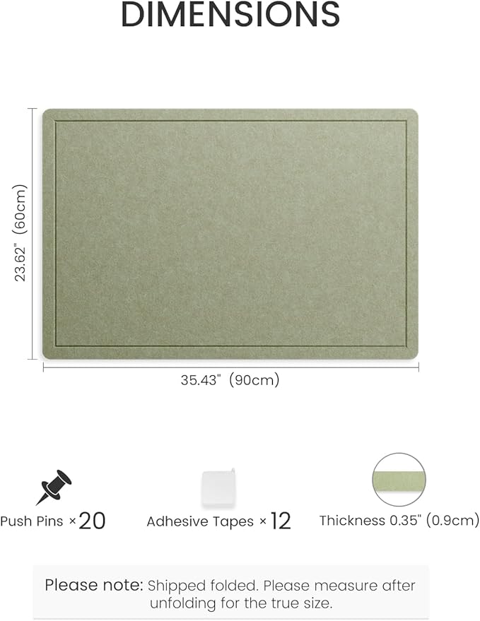 Fluxynara Bulletin Board,35.4" x 23.6" Cork Board Alternative with 12 Safe Removable Adhesive Tabs, Foldable Felt Pin Board for Home Office, Classroom, Bedroom,Entryway for Walls— Sage