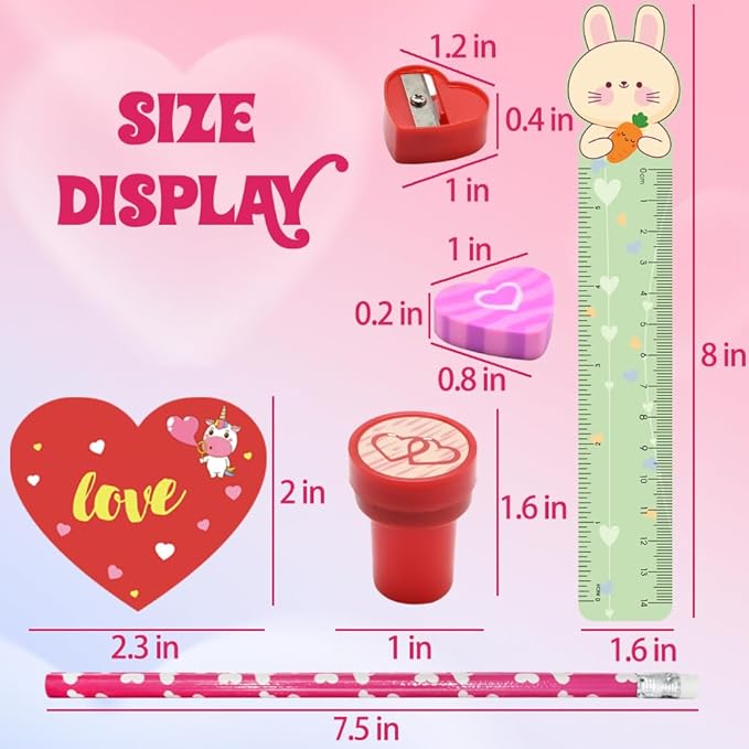 UMEELR 28 Pack Valentines Day Cards Stationery Set, Valentines Day Gifts with Pencil Cards Stamper Eraser Ruler Sharpener Gift Bag for Kids Valentine's Classroom Prize Valentine Gifts Exchange