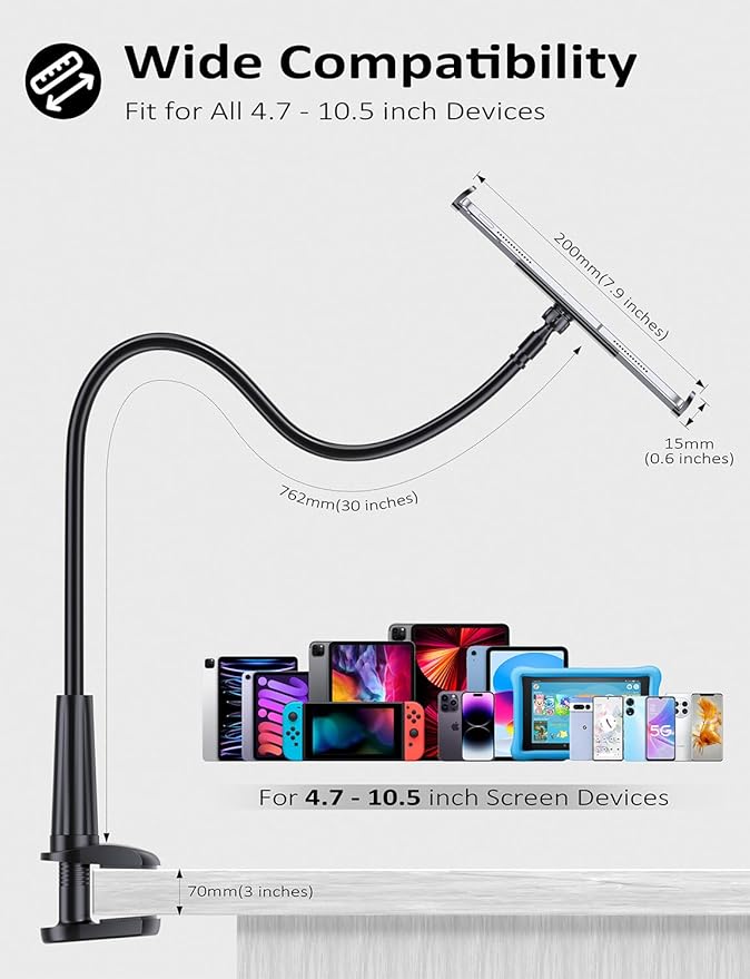 Tryone Gooseneck Tablet Holder Stand for Bed Adjustable Flexible Arm Tablets Mount Clamp on Table Compatible with iPad Air Mini | Galaxy Tabs | Kindle Fire | Switch or Other 4.7-10.5" Devices