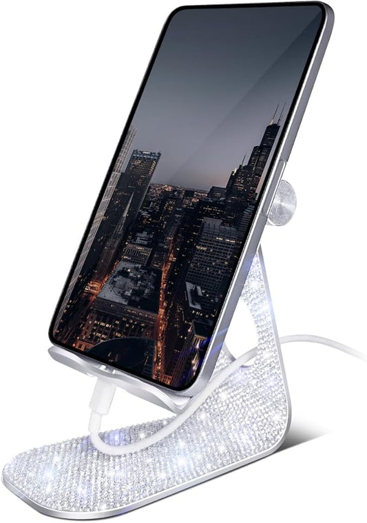 Bling Crystal Tablet Stand for Desktop,Glitter Adjustable Tablet Holder,Stand Dock Holder Compatible with iPad Pro 11,9.7,10.5,12.9 Air Mini 4 3 2, Kindle, Nexus,4-13" Tablets (Silver)