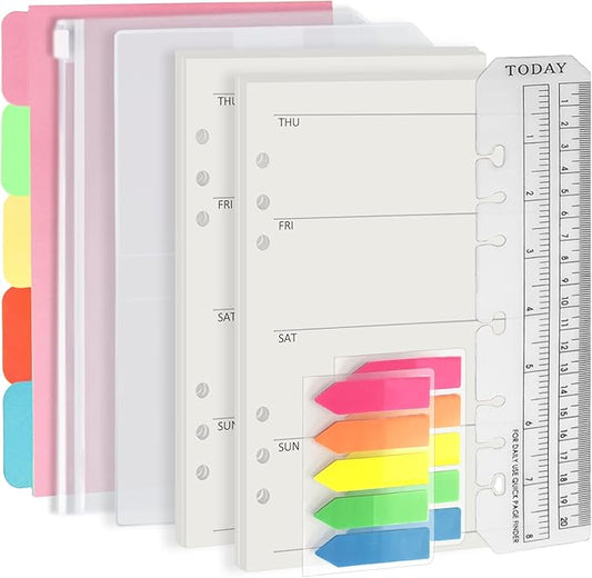 Harphia A5 6 Holes Binder Refill Value Set,90sheets weekly plan paper with sticker and divider,week planner inserts with binder pockets for A5 binder 6 hole refillable notebook,005da5week