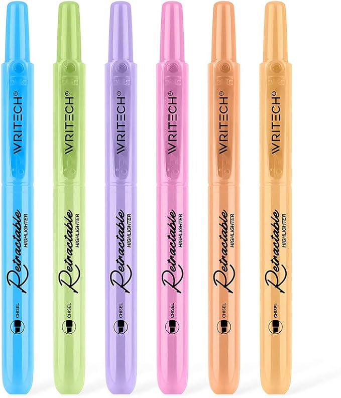 WRITECH Retractable Highlighters Assorted Colors: Chisel Tip Click Aesthetic Highlighter Marker Pens Pack Multi Colored Ink No Bleed Smear for Highlighting Journaling (6ct Pastel)