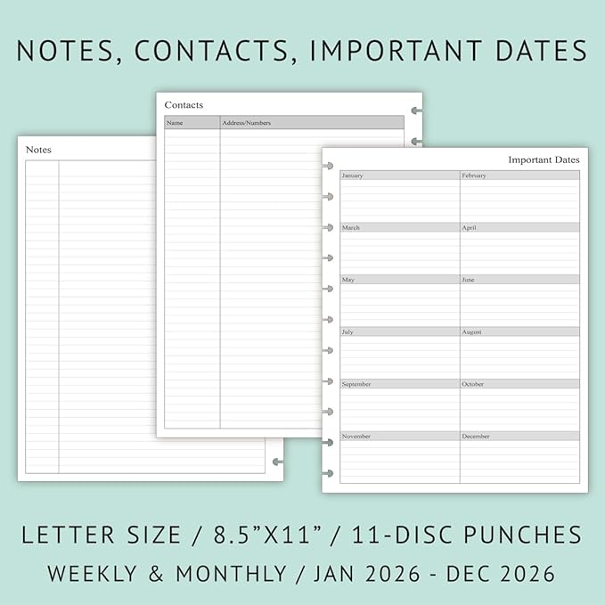 2026 Weekly Planner Refills for 11-Discbound Notebooks, Monthly Tabs, 11-Disc Punches, Letter Size, 8-1/2" x 11"