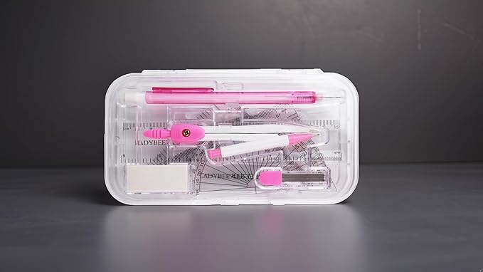 9-piece set back-to-school kit , packed in a reusable plastic box,two triangles, a protractor, a 15-centimeter ruler, a compass, a mechanical pencil with extra lead, and an eraser.