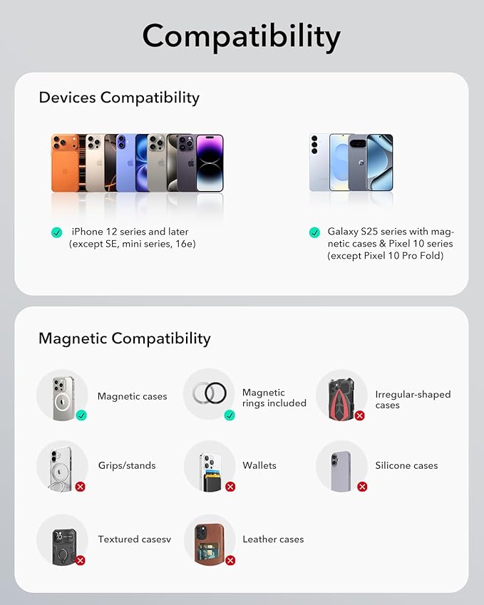 ESR Magnetic Phone Ring Holder, for MagSafe Ring Holder, Magnetic Phone Grip with Adjustable Stand, Compatible with MagSafe Phone Grip, for iPhone 17/16/15/14/13/12, S25, Pixel 10, Natural Titanium