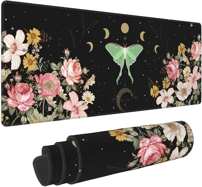Moon Phase Moth Garden Black XXL XL Large Gaming Mouse Pad for Desk, Non-Slip Long Extended Keyboard Pads Mousepad Rubber Table Mat 31.5 X 11.8 Inch