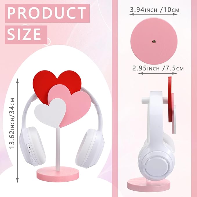 Yookeer Red Heart Headphone Stand Decor Cute Wood Headphone for Gamer Room Office Desk Gifts for Girlfriend Office Worker, Valentine's Day Gamer Gifts for Women