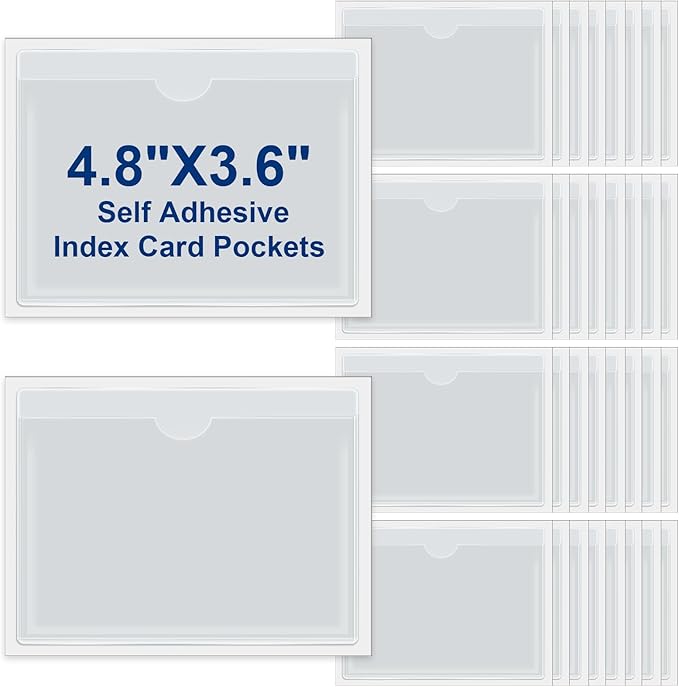 Chinco 30 Pcs Self Adhesive Pockets, Bin Labels for Storage Bins, Clear Pocket Label Sleeves, Plastic Index Card Holder with Top Open for Organizing Bins Box Drawer(3.6 x 4.8 Inches)