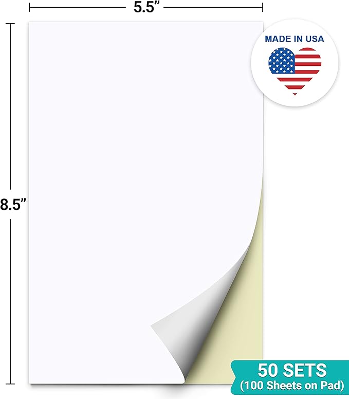 321Done 2-Part Blank Carbonless Notepad, 5.5x8.5 Portrait, Made in USA, Carbon Duplicate Copy Paper, for Art Drawing Sketchbook Teacher Notes to Parent (50 Sets) White/Yellow