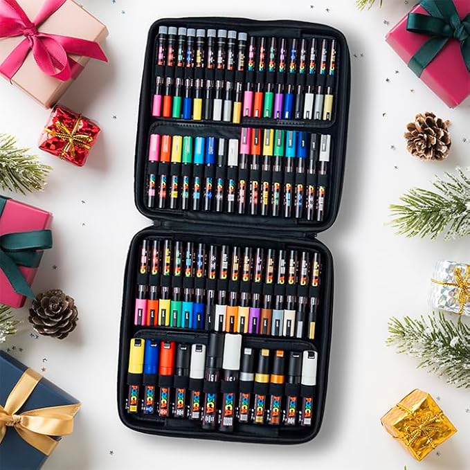Posca Exclusive Acrylic Paint Markers Gift Set of 62 with Case, Great for Kids and Adults, For Coloring Decorations, Canvas, Glass or Wood, Includes 350, 1MR, 1M, 3M, 5M, 7M, 8K, & 17K