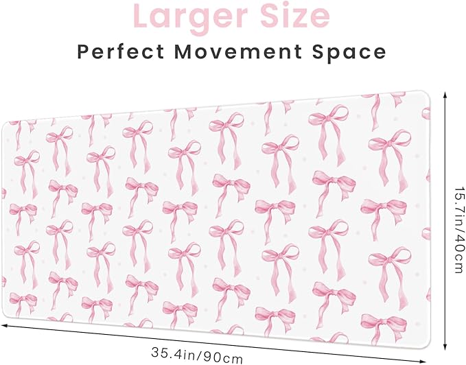 Pink and White Mouse Pad, Desk Mat Pink Bow Keyboard Mat Bows Office Accessories Computer Mat, Non-Slip Rubber Base Extra Large Mousepad Laptop Pad, Desktop Pad Cute Decor for Girls 35.4 x 15.7in
