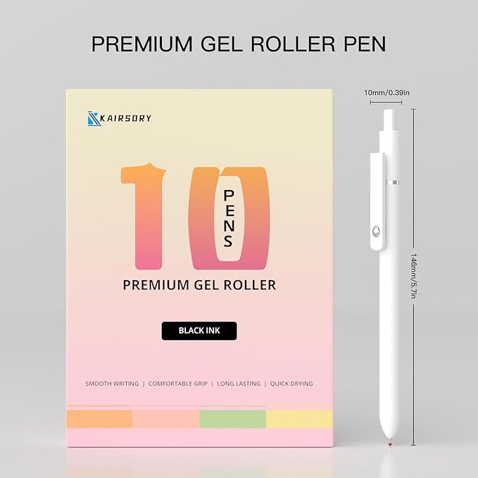 Retractable Gel Pens,0.5mm Fine Point Tip Black Ink with Grip Smooth Writing for Journaling Note Taking office Supplies,stationary for women & men(10 Pcs Black Ink-White shaft pens)