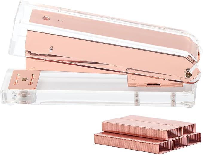 NaSumeBasics Clear Stapler with Staples Rose Gold Standard Manual Stapler and 1000 26/6 Staples for Desk Home School Office Stationery Supplies Accessories Decoration (Rose Gold)