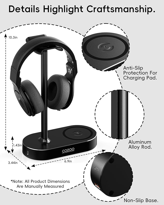 COZOO Headphone Stand with Fast Wireless Charging Pad and 2 USB Charging Ports, Suitable for Gaming, DJ, Wireless Earphone Accessories