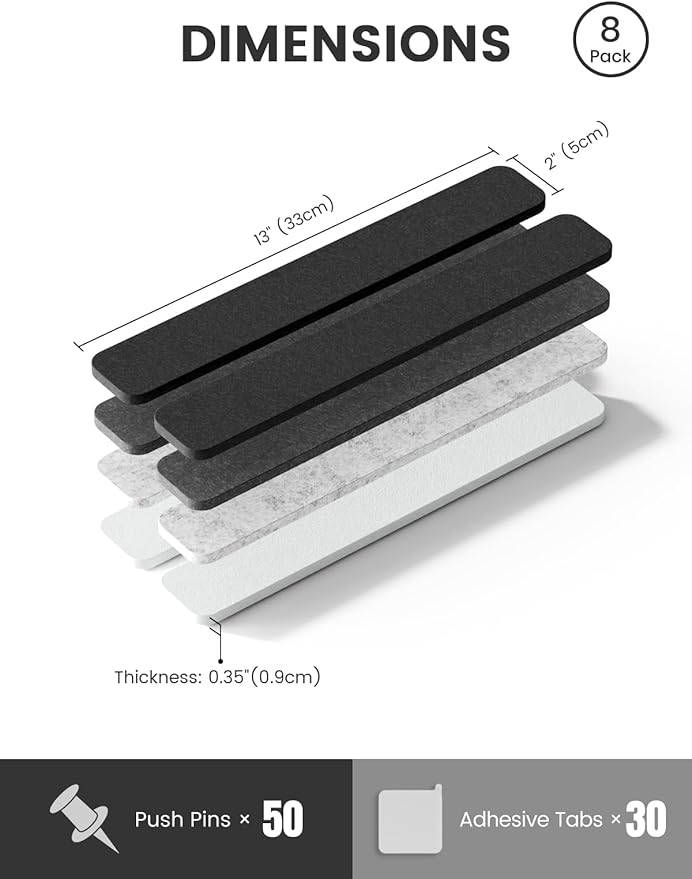 Fluxynara Cork Board Alternative Felt Strip Board 8-Pack 13"x2", Office Pin Board with 50 Push Pins, Adhesive Install for Bedroom Door & Home Office(Concrete Echo)