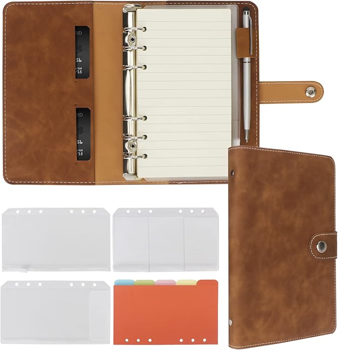 FYY A6 Binder Refillable Planner Notebook 6 Ring PU Leather Binder Journal with Pockets, Dividers, Refill Paper Brown