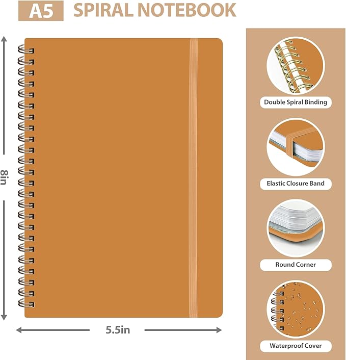 VALOME Journaling Notebooks, A5 Lined Spiral Notebook for Women & Men, 146 Pages College Ruled Hardcover Note Book for Work, Note Taking, Journaling, School, Writing (Orange)
