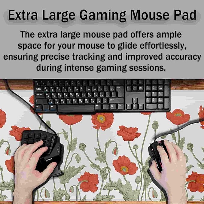 Gaming Mouse Pad Red Work Desk Mat, Large Mouse Pads Computer Deskmat, The Desk Mat Non-Slip Rubber Base Waterproof with Stitched Edges, 35.4" X 15.7" for Work/Game/Office/Home Poppies Flower