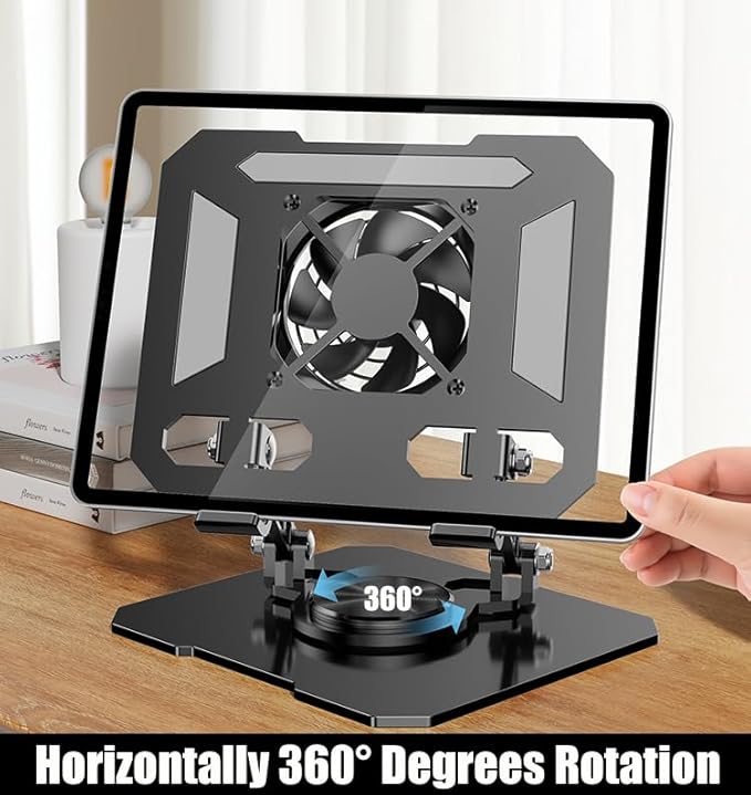 360° Rotating Tablet Desk Stand Holder with USB Cooler，Carbon Steel Frame Dual Rod Mount Support for iPad Pro 13 12 11 Air Mini 5 4 3 Samsung Tab E-Reader (Black with Built-in Cooler)
