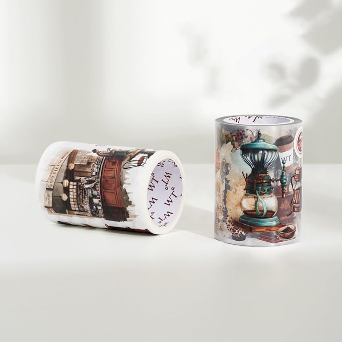 WT Caffeine Canvas Wide Washi Tape, Single Roll, Original Designs, Watercolor Vintage Cafe Paper Tape, Coffee Theme for Journals, Scrapbooks, Bujo Planners, DIY Crafts Supplies
