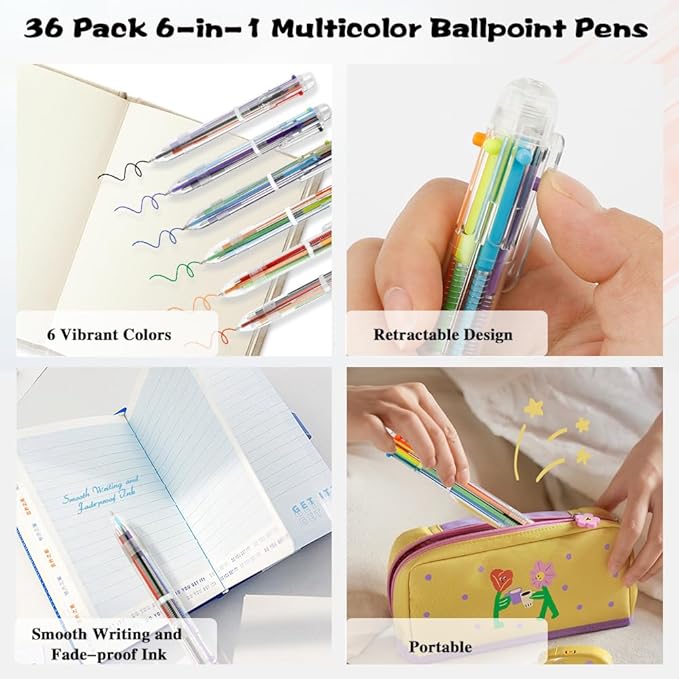 36 Pack 0.5mm 6-in-1 Multicolor Ballpoint Pens Kids Party Favors Birthday Cute Students Children Gift Retractable Colored Pens for School Office Supplies End of Year Gifts for Students Teacher