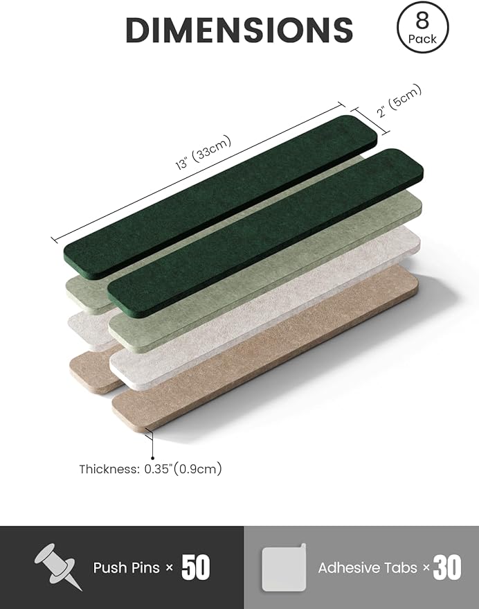 Cork Board Alternative Felt Strip Board 8-Pack 13"x2", Office Pin Board with 50 Push Pins, Adhesive Install for Bedroom Door & Home Office(Nordic Moss)