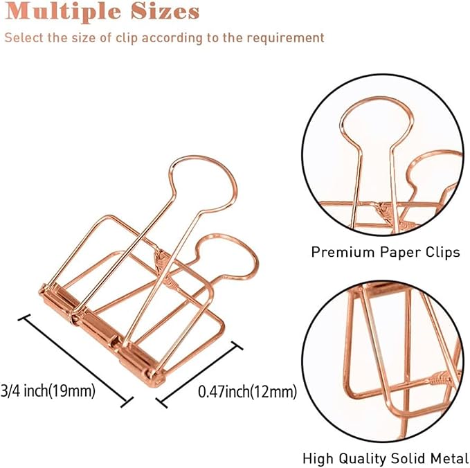 Rose Gold Hollow Out Micro Binder Clips - Small Size, 36 Pack, 3/4 Inch, Standard 19mm, Fold Clamp, Office Clips, Capacity 0.31 Inch