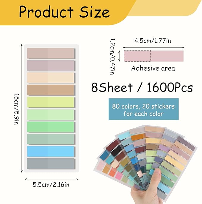 1600 Pcs Sticky Tabs Notes Page Marker, 80 Morandi Colors Transparent Sticky Index Tabs for Books, Office & Study Organization