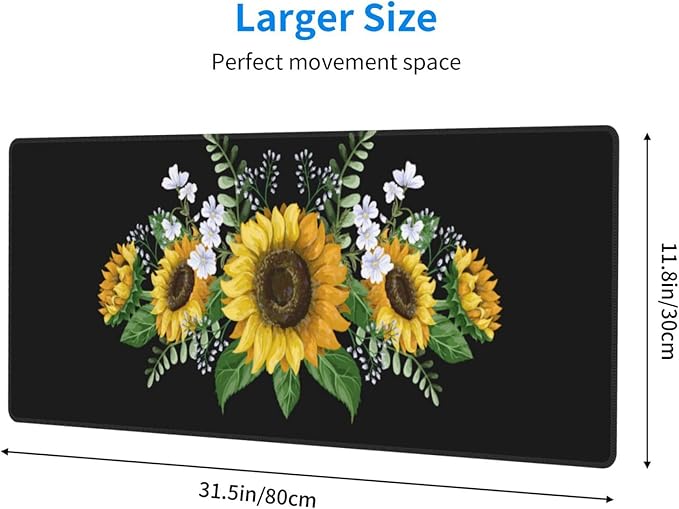 Sunflowers Wild Flowers Large Mouse Pad with Stitched Edges Long Non-Slip Rubber Base Mousepad Laptop Keyboard Mat Desk Pad for Office Home Desk Decor, 31.5" X 11.8"