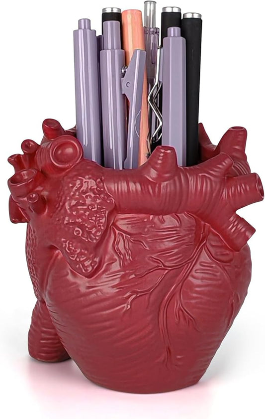 Heart-shaped Pen Holder for Desk Accessories Halloween Decor and Office Decor, Pencil Holder for Desk Organizers, Compact Desk Accessories Gift, Pencil Cup for School, Office, Home (Red)