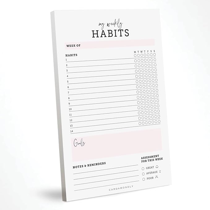 CARDAMONOLY Habit Tracker Notepad in Black and Light Pink- 50 Page Tear Off Planning Pad - 6 x 9 - High Performance Planner - Chore Chart for Adults - Weekly Planner Undated - Self Care Planner