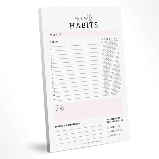 CARDAMONOLY Habit Tracker Notepad in Black and Light Pink- 50 Page Tear Off Planning Pad - 6 x 9 - High Performance Planner - Chore Chart for Adults - Weekly Planner Undated - Self Care Planner