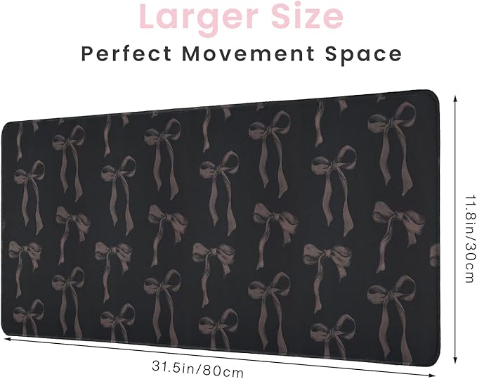 Black Bow Mouse Pad, Cute Desk Mat Black Computer Mat Keyboard Pad, Extend Large Gaming Mousepad Non-Slip Rubber Base Laptop Pad, Office Accessories Desktop Decor for Girls Women 31.5 x 11.8 inch
