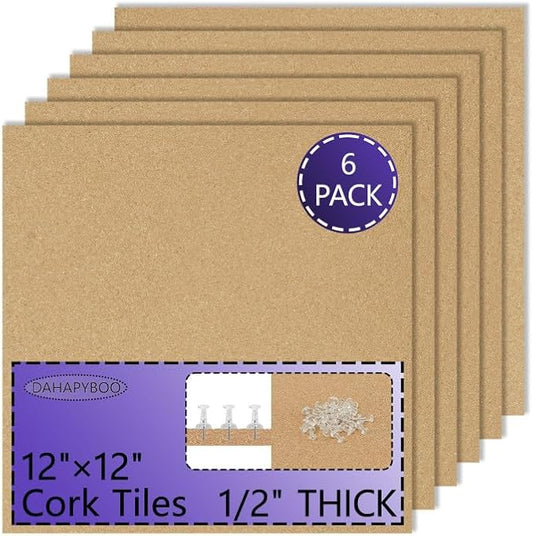Cork Board Bulletin Board 12x12,1/2" Thick Cork Board Tiles 6 Pack, Self-Adhesive Small Square Pin Board for Walls, Corkboards for Office Home School Message/Vision Board Decoration.